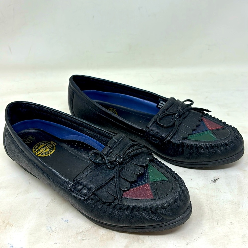 Black Leather Women’s Moccasin Loafers with Colored Inset